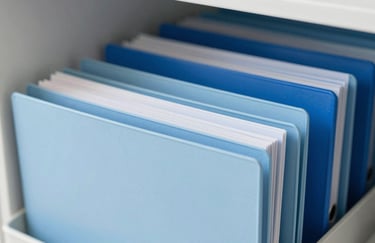 Close-up of a modern, organized filing system in a bright Portuguese office. The folders are in shades of Light Blue and Medium Blue, representing order and specialized administration.