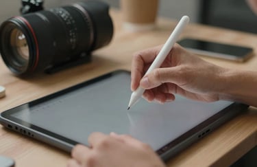 A detail-oriented photography shot of hands using a digital stylus on a high-resolution tablet in a North American creative studio. Soft lighting, professional aesthetic.