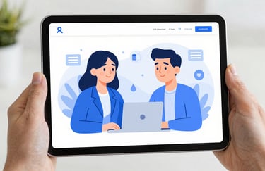 Illustration of a remote support session on a tablet, showing a friendly interaction and technical diagnostics. Clean lines and professional blue tones.