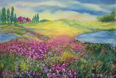 Impressionistisches Pastellgemälde einer ländlichen Landschaft mit violetten Wildblumenfeldern und e