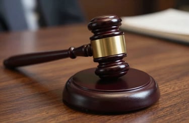 A detailed close-up of a legal gavel resting on a sound block on a mahogany desk, South American professional setting, lighting is soft and focused, creating a sense of authority.