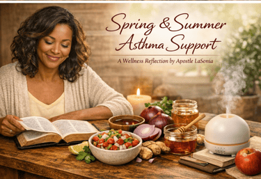 Woman reading a book near a humidifier and healthy foods for seasonal asthma support.