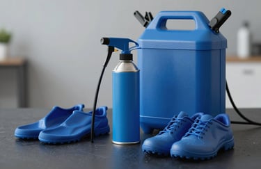 Modern pest control spray equipment and safety gear arranged neatly on a dark surface, featuring Royal Blue (#1F4287) color highlights.
