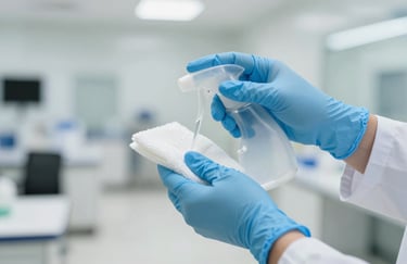 Professional hands in blue gloves performing a precise sanitization treatment in a high-end commercial space, high-key lighting.