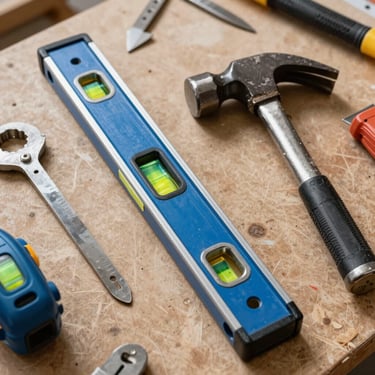 A flat lay of construction tools including a steel blue level and dark gray hammer on a workbench in a North American / US (Los Angeles) job site.
