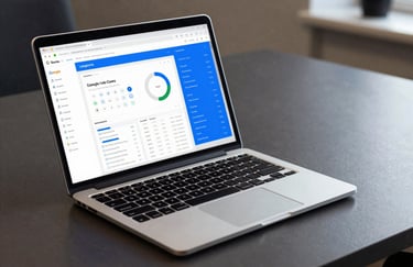 A sharp, detailed photo of a modern laptop on a dark grey desk in a Lahore office, showing a Google Ads dashboard with vibrant sky blue data visualizations.