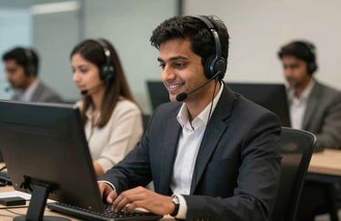 A high-quality photo of a South Asian professional in a sleek call center environment in Lahore, wearing a headset and smiling while providing support.
