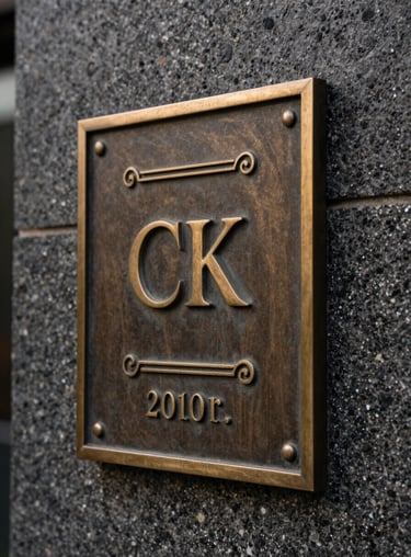 Close-up of an elegant bronze property plaque on a dark stone wall, showcasing sophisticated craftsmanship.