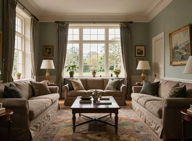 A cozy but grand living room with high ceilings, large windows, and refined British interior styling.