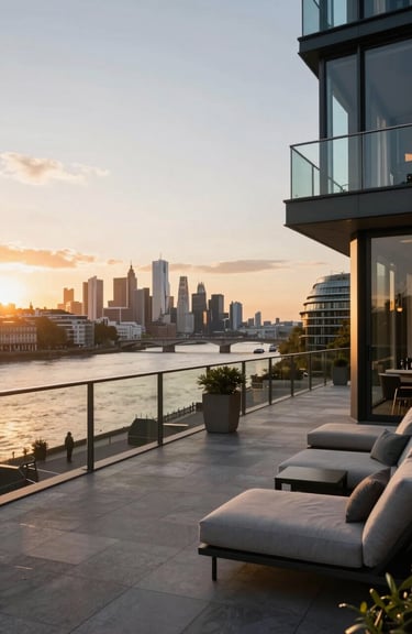 Panoramic view of a modern luxury terrace overlooking the River Thames during the golden hour, sunset lighting.
