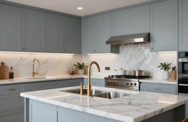 A bright, modern residential kitchen with marble countertops, bronze fixtures, and sophisticated light gray-blue tones.