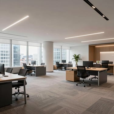 A spacious, light-filled office interior in the City of London with sleek, professional furniture and high-end finishes.