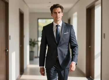 A professional property agent in a smart tailored suit standing in a sunlit, modern hallway, Northern European / British style.