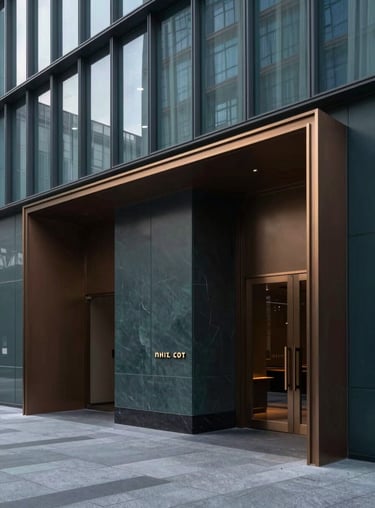 A minimalist, sophisticated lobby of a high-end commercial building with dark teal and bronze accents.