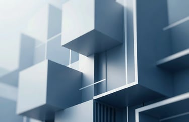 A sophisticated abstract geometric composition representing digital structure and architecture. Uses clean lines and #3D5A73 blue shades with high contrast lighting to evoke professionalism and clarity.