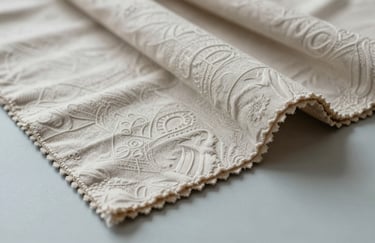 Detailed shot of embossed and pleated premium cotton fabric samples arranged on a light blue-gray surface, soft natural light, highlighting the texture and precision.