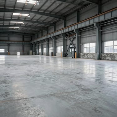 Interior view of a massive industrial warehouse with perfectly polished pale mist grey concrete floors.