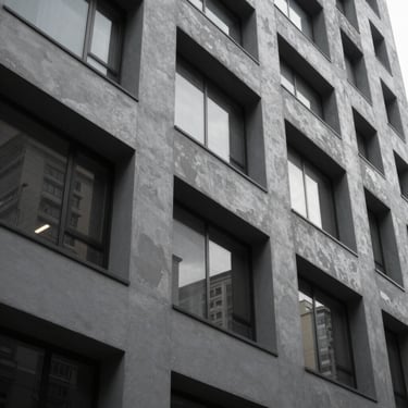 Modern commercial building facade in a Latin American city featuring high-quality smooth grey stucco finish.
