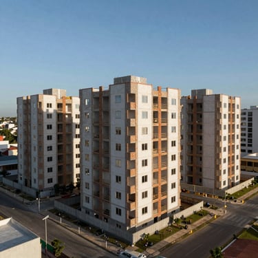Wide shot of a completed residential complex in a Latin American suburb using MAPIBSA building materials.