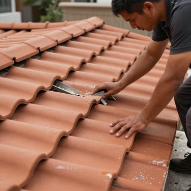 Close-up of professional workers installing warm terracotta colored roof tiles on a luxury residential project.