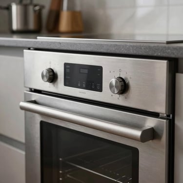 Detailed close-up of a modern, high-tech kitchen oven with a brushed steel finish, set in a contemporary Central European home kitchen with clean surfaces.