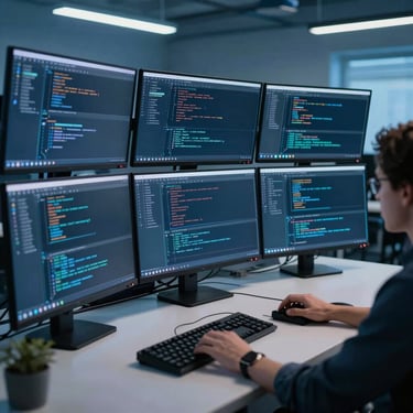 A professional photograph of a developer's workstation with multiple monitors displaying complex code. The room features slate blue ambient lighting in a North American tech office.