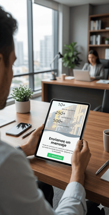 A person holding a tablet showing real estate services and a WhatsApp contact button in a modern office.