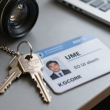 Macro shot of a professional ID security card and keys on a modern desk, steel gray and light blue-gray accents, Western European setting.