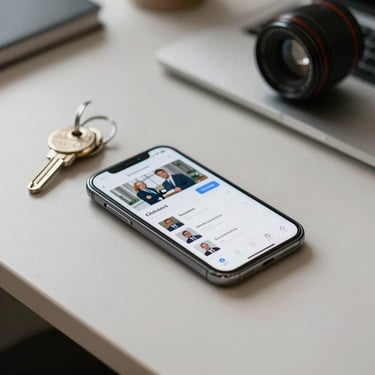 A clean, organized desk with a smartphone displaying a business application and a set of bus keys, soft professional lighting.
