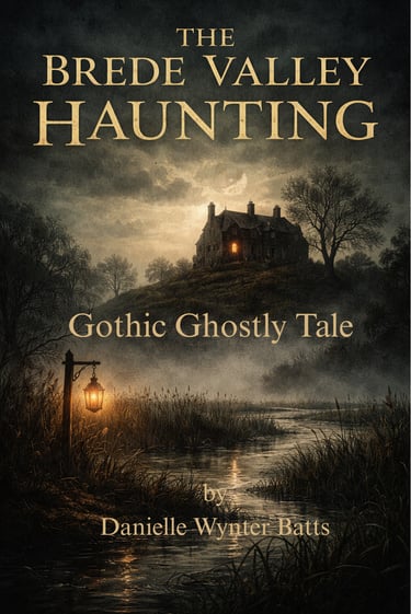 Dark, misty valley with a lantern by a marsh and a lone house glowing on a hill.