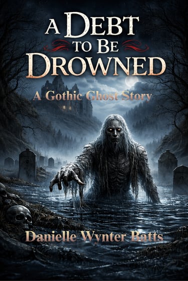 Ghostly figure rising from dark water in a moonlit graveyard with a castle on the hill.