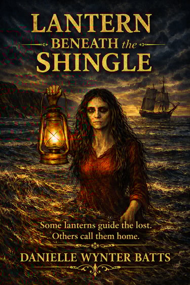 Woman holding a glowing lantern while standing in rough ocean water beneath a dramatic sky and distant ship