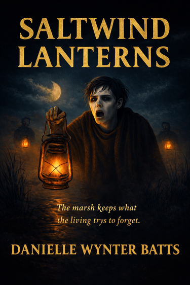 Gothic horror scene of a skeletal figure holding a glowing lantern in a foggy marsh