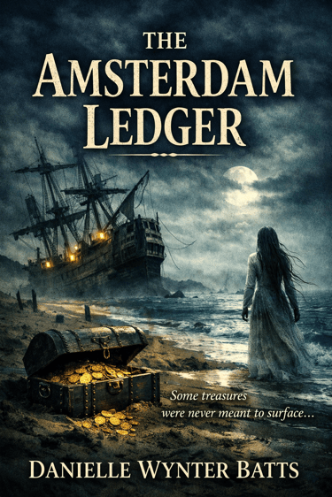Ghostly woman on moonlit beach with treasure chest and wrecked ship; audiobook cover for The Amsterdam Ledger.