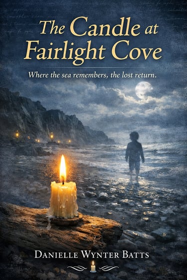 Moonlit coastal scene with a child facing the sea and a glowing candle on the shore