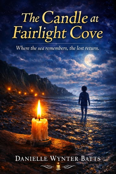 Moonlit coastal scene with a child facing the sea and a glowing candle on the shore