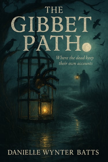 Caged lantern with a severed hand in a misty forest path under a moonlit sky