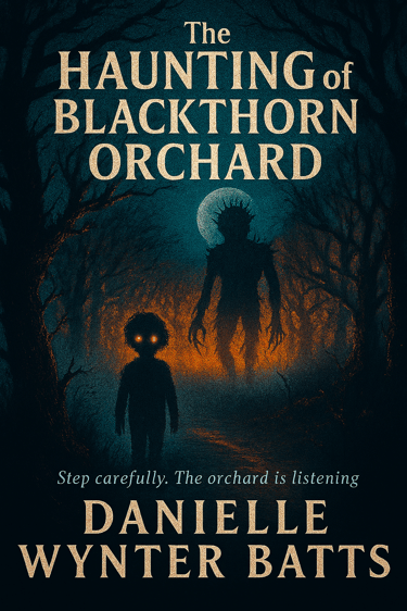 Shadowy figure with glowing eyes on a forest path, watched by a larger creature beneath a full moon