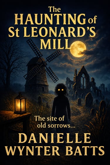 Moonlit ruins with a shadowy figure on a path beside a lantern and an old windmill.