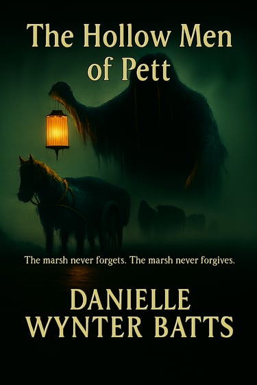 Hooded ghostly figure with a glowing lantern looming over a misty horse‑drawn cart in a marsh.