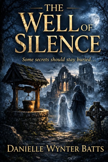 Hooded ghost leads a girl past an ancient well toward ruined gothic buildings in a foggy graveyard.
