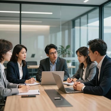 A professional medium shot of a diverse team collaborating in a modern, glass-walled conference room in a North American corporate hub.