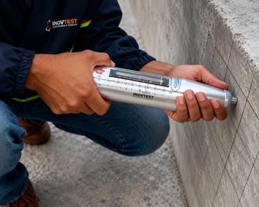 A technician uses a Schmidt rebound hammer to perform non-destructive concrete strength testing.