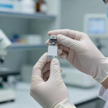 Close-up of a healthcare professional's hands in white sterile gloves holding a medical vial in a modern high-tech laboratory.