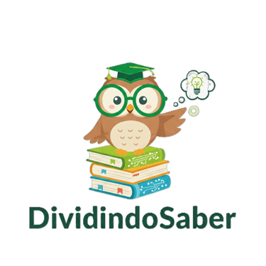 Wise owl mascot wearing a graduation cap sitting on books for DividindoSaber education brand.