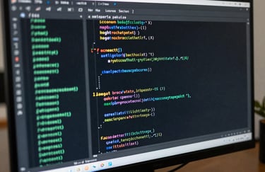 Close-up of clean, efficient lines of code on a monitor in a North American / US developer's home office, sea green syntax highlighting.