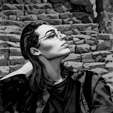 Black and white artistic illustration of a woman wearing glasses sitting against a stone wall.