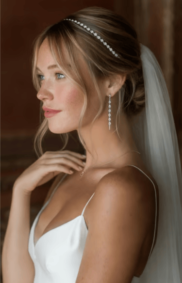 Beautiful bride with soft, romantic hair styling and natural bridal makeup designed to enhance her f