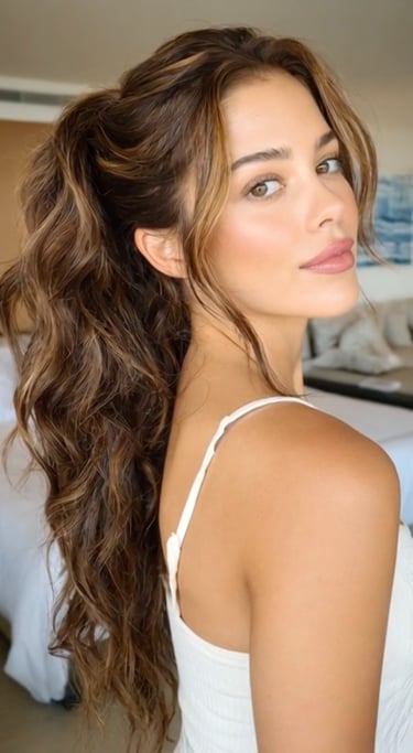 Dimensional brunette balayage with soft curls and luxury salon styling.