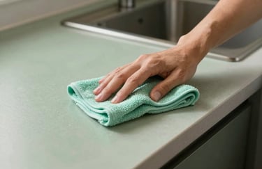 A close-up of a professional in a North American / New England home interior, carefully cleaning a modern kitchen counter with sage green surfaces and soft seafoam towels.